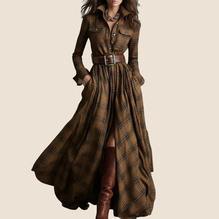 Barbara | Warme & elegante ruitjurk met ceintuur