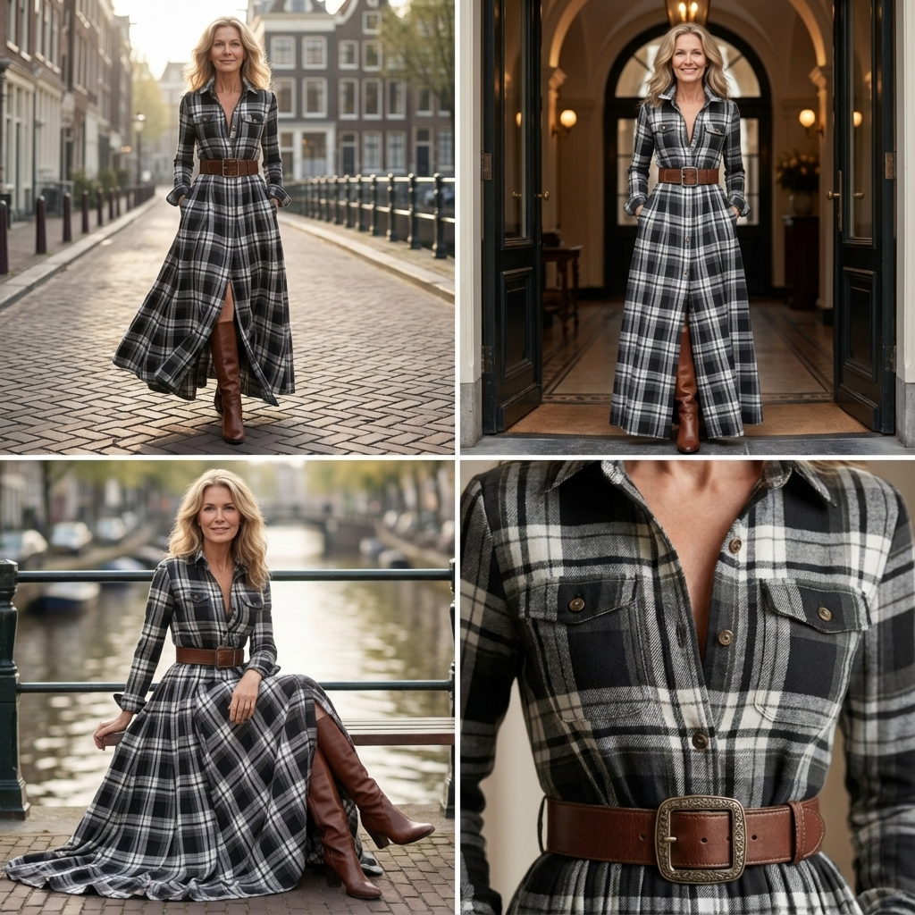 Barbara | Warme & elegante ruitjurk met ceintuur