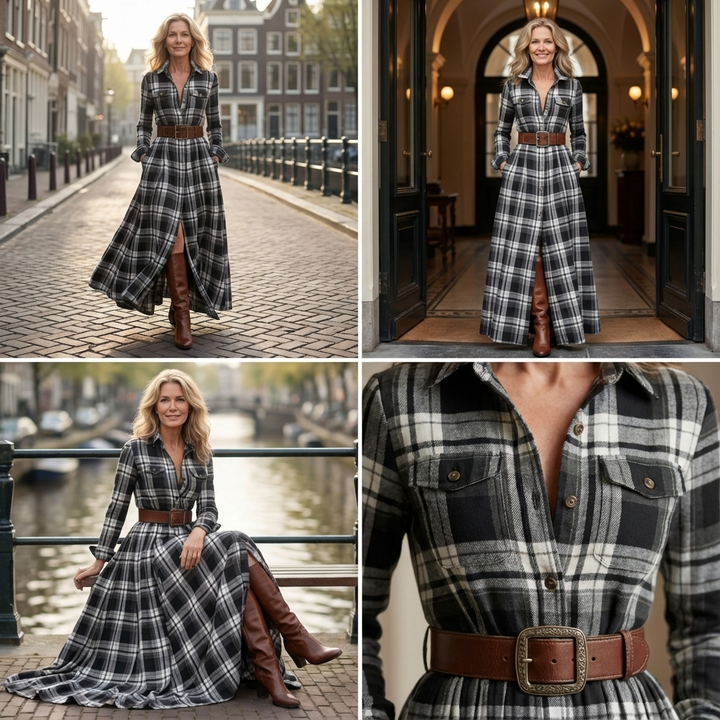 Barbara | Warme & elegante ruitjurk met ceintuur