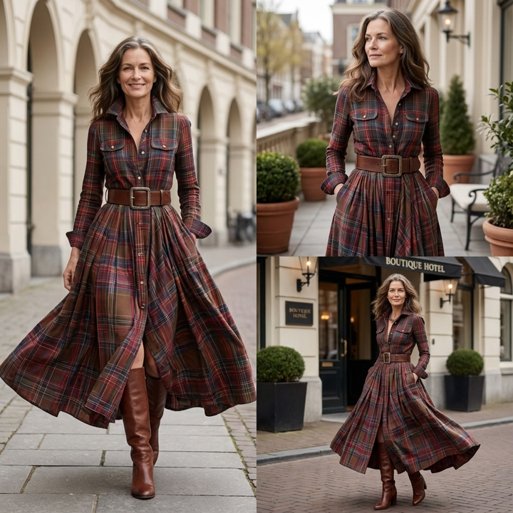 Barbara | Warme & elegante ruitjurk met ceintuur